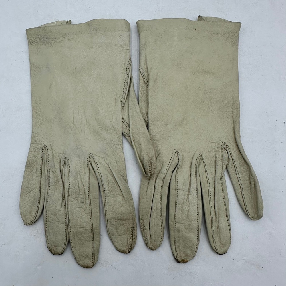 Vintage Superb Cream Leather Pearl Button Machine Washable Gloves‎ Size 6.5